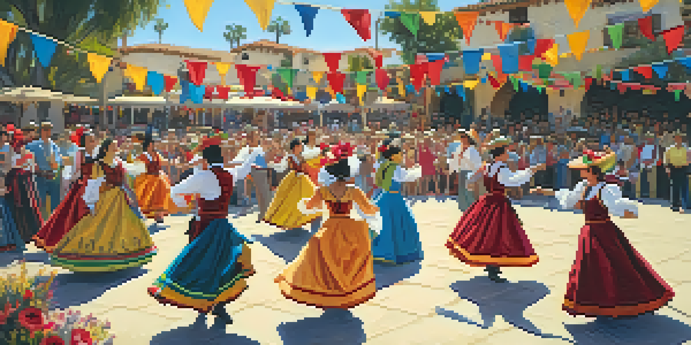 Participants in traditional costumes dancing during the Santa Barbara Old Spanish Days Fiesta in a vibrant plaza filled with flowers and banners.