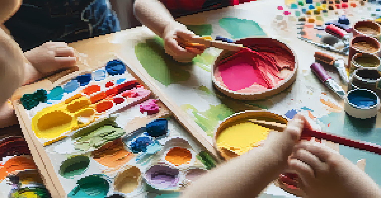 Children's hands engaged in creative activities with paints and crafting materials at an art workshop.
