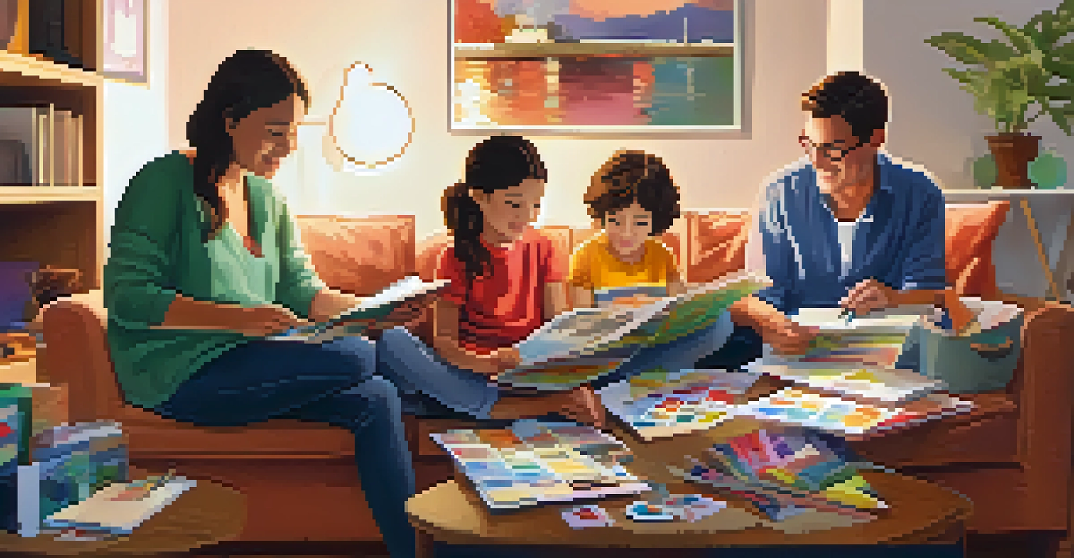 A family sitting together on a couch, creating a scrapbook with colorful materials and photographs.