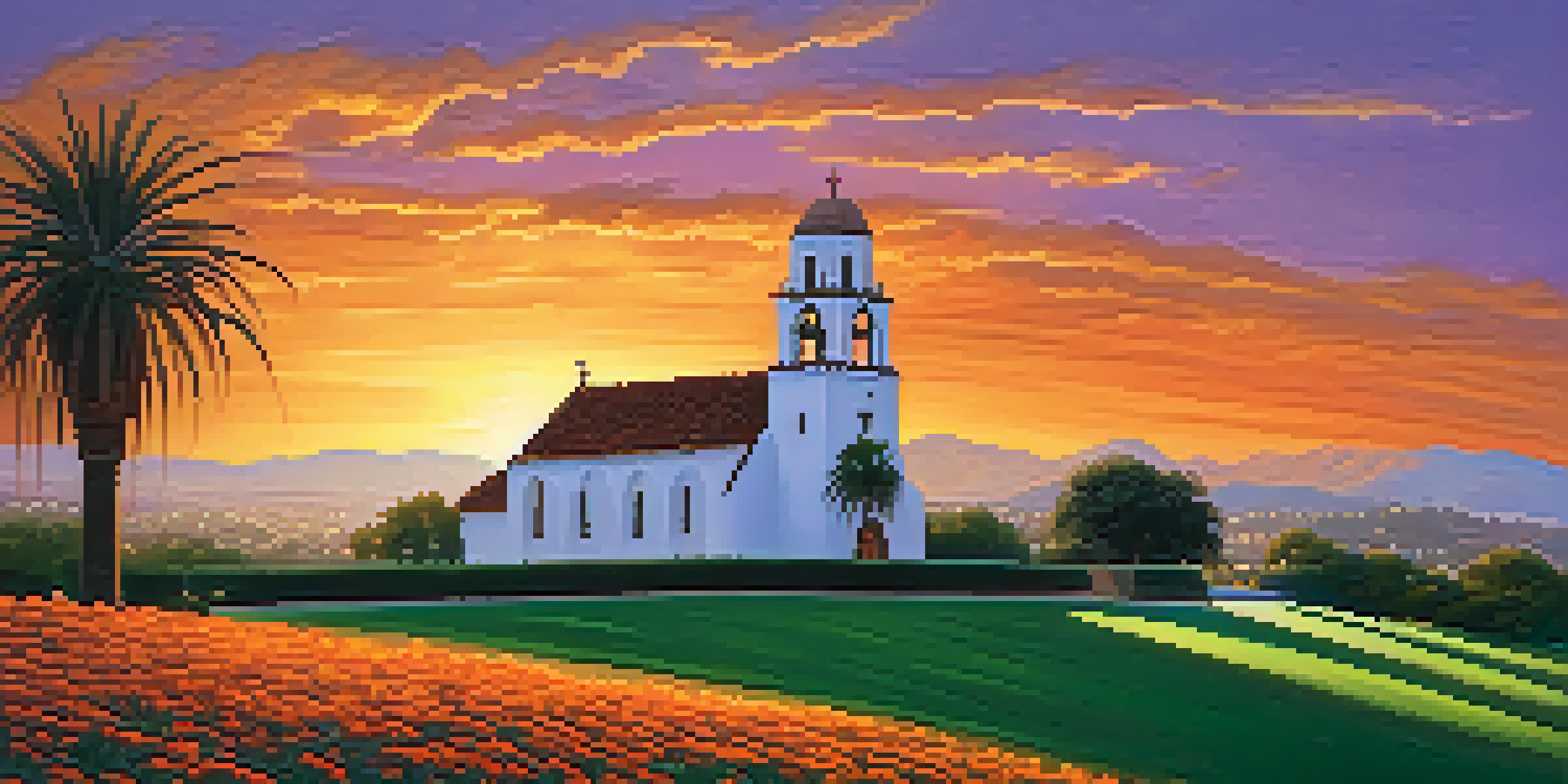 A sunset view of the Old Mission Santa Barbara with silhouetted architecture and shadowy figures in the background.