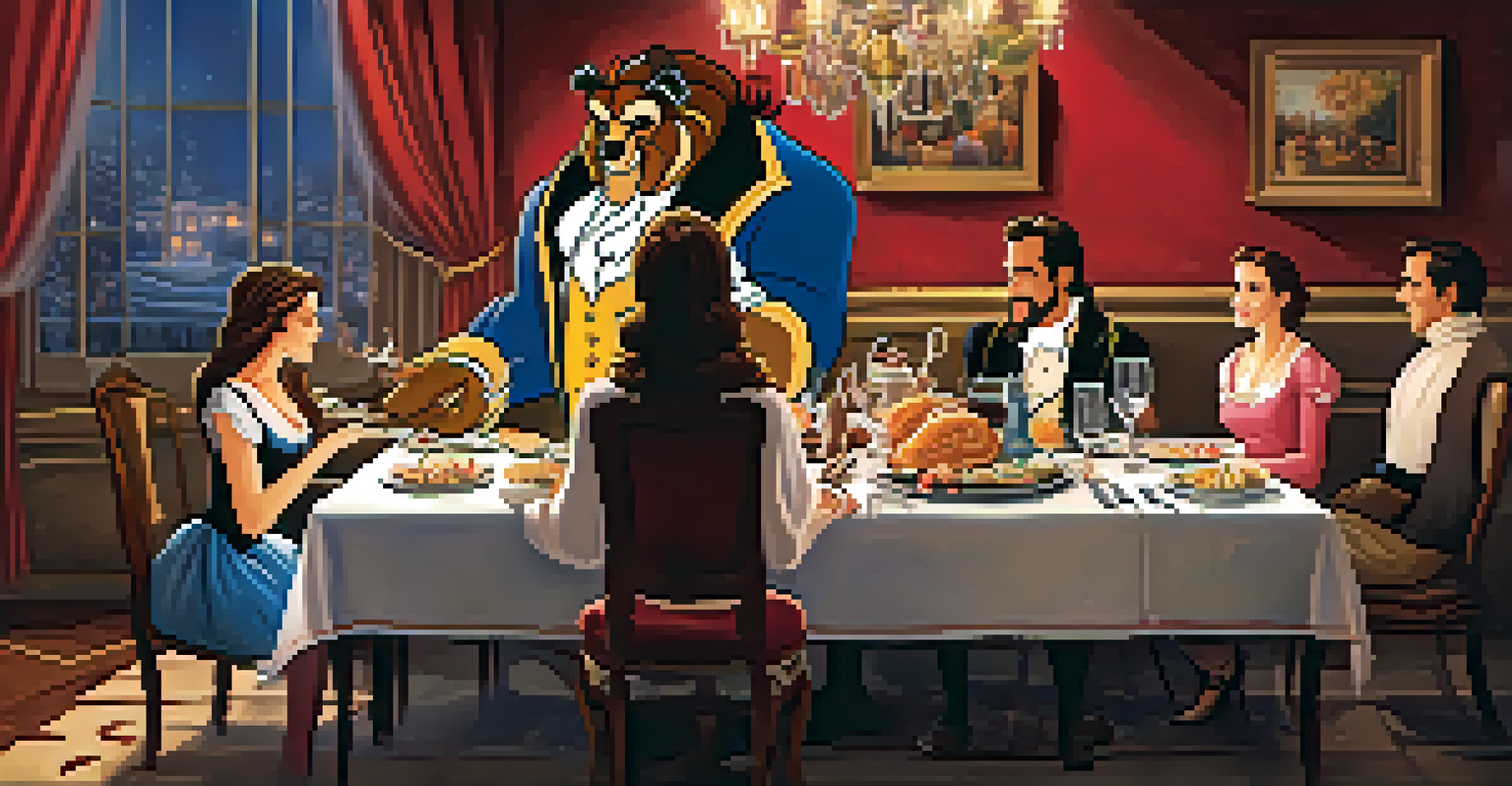 A family dinner featuring French cuisine with a theater poster in the background.