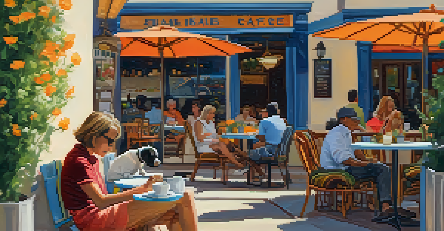 A small dog relaxes on a café patio while its owner enjoys a meal and coffee.