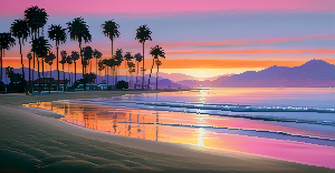 A beautiful sunset at Butterfly Beach in Santa Barbara, with colorful skies and silhouettes of palm trees.