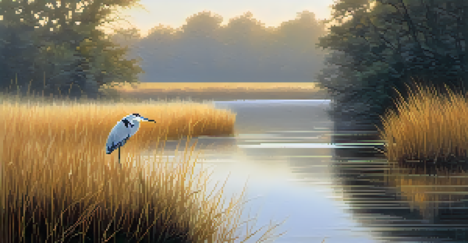 A heron standing by a misty riverbank at sunrise, with golden light illuminating the scene.