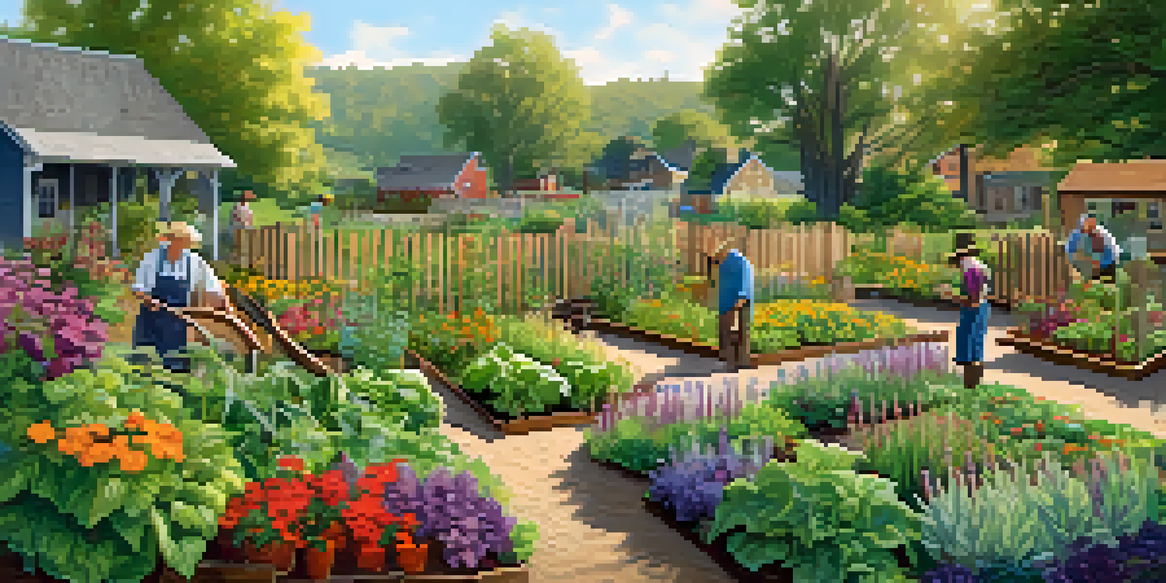 A lively community garden with diverse plants and gardeners collaborating under sunlight.
