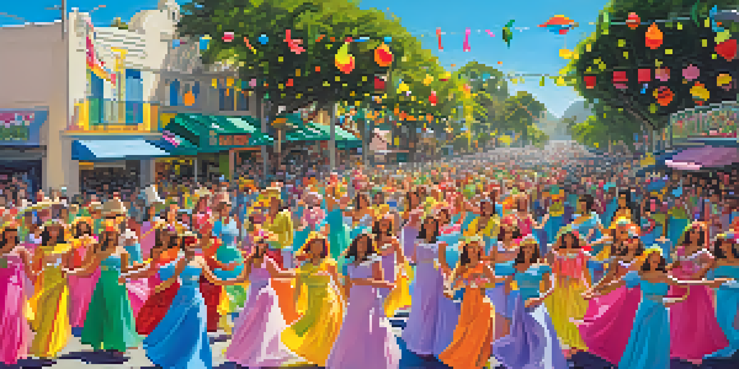 A lively parade scene in Santa Barbara with colorful floats, families in festive clothing, and dancers performing under a bright blue sky.