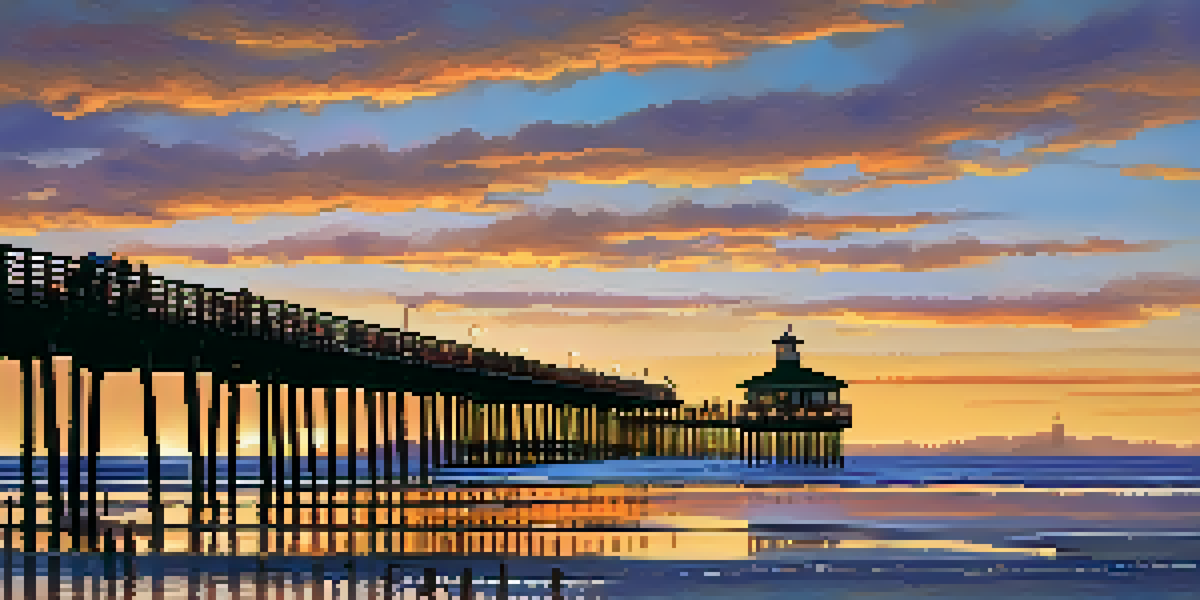 A scenic sunset at Stearns Wharf with a wooden pier, restaurants, and silhouetted people against a colorful sky.