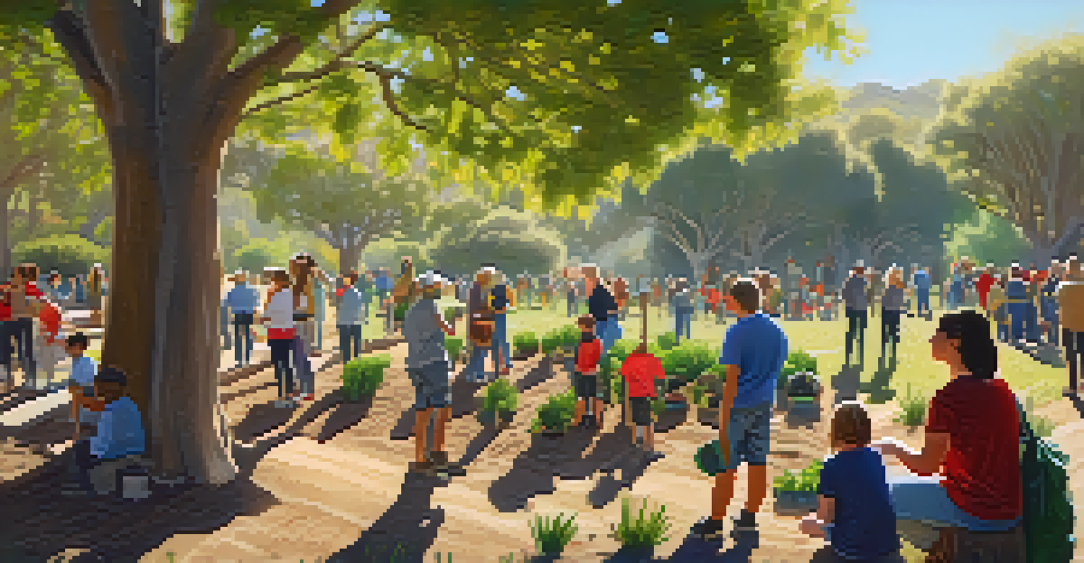 Volunteers of different ages planting trees in a green park in Santa Barbara, with sunlight shining through the leaves.
