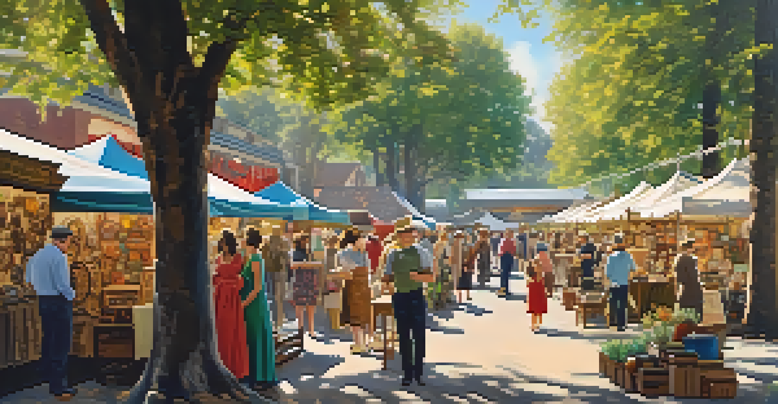 An outdoor antique fair filled with people exploring vintage stalls under sunlight.