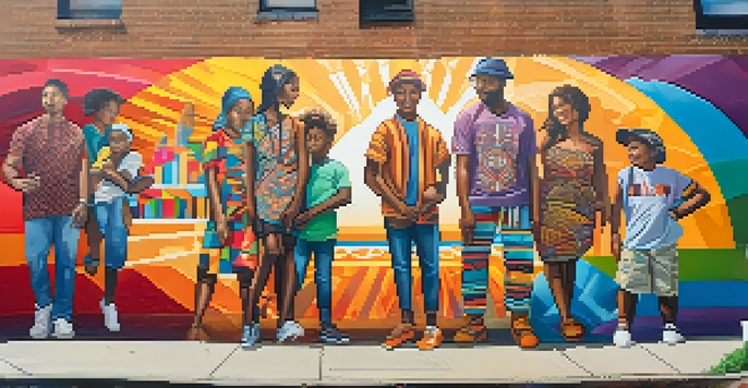 A colorful mural representing community diversity and unity on an urban street in Philadelphia.
