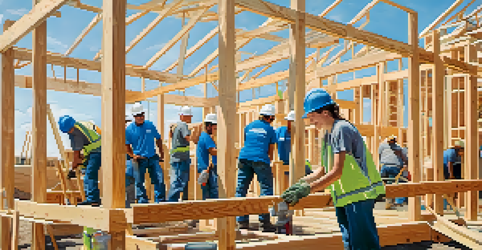 Volunteers constructing a house for Habitat for Humanity, symbolizing teamwork and community support.