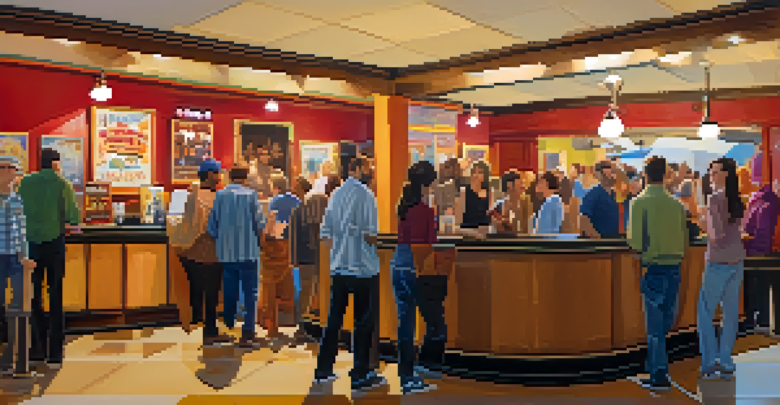 A lively theater lobby filled with excited patrons, decorated with show posters and a refreshment stand, creating a warm and inviting atmosphere.
