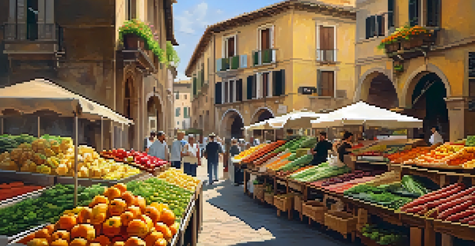 A lively Italian market filled with colorful stalls, fresh produce, and interactions between vendors and customers in a picturesque setting.