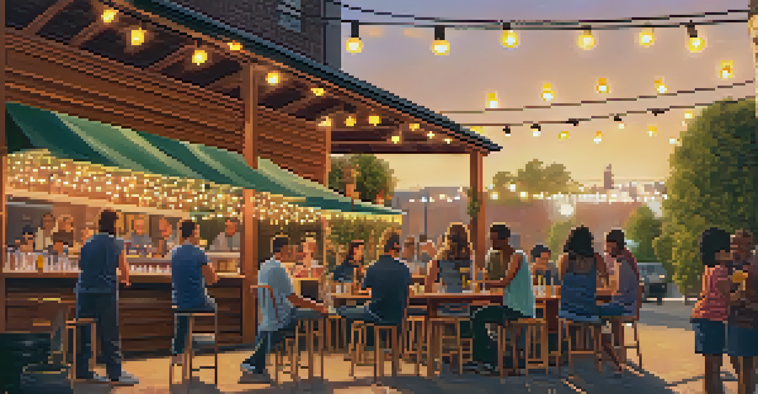 An outdoor brewery patio filled with patrons enjoying drinks under string lights, with a food truck and sunset ambiance.