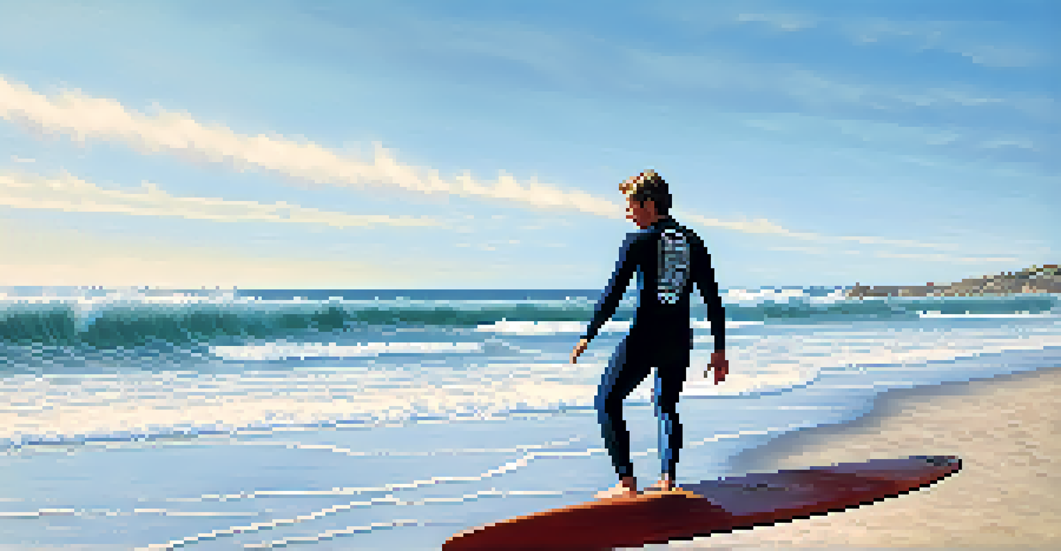 A beginner surfer practicing safe falling techniques on the beach, demonstrating proper posture with a surfboard nearby and waves in the background.