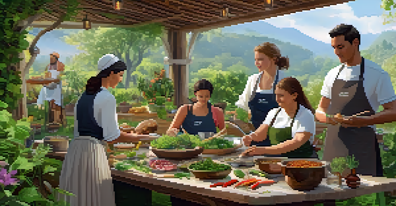 An outdoor cooking class in a garden setting, with participants learning to cook traditional dishes amidst greenery and flowers.