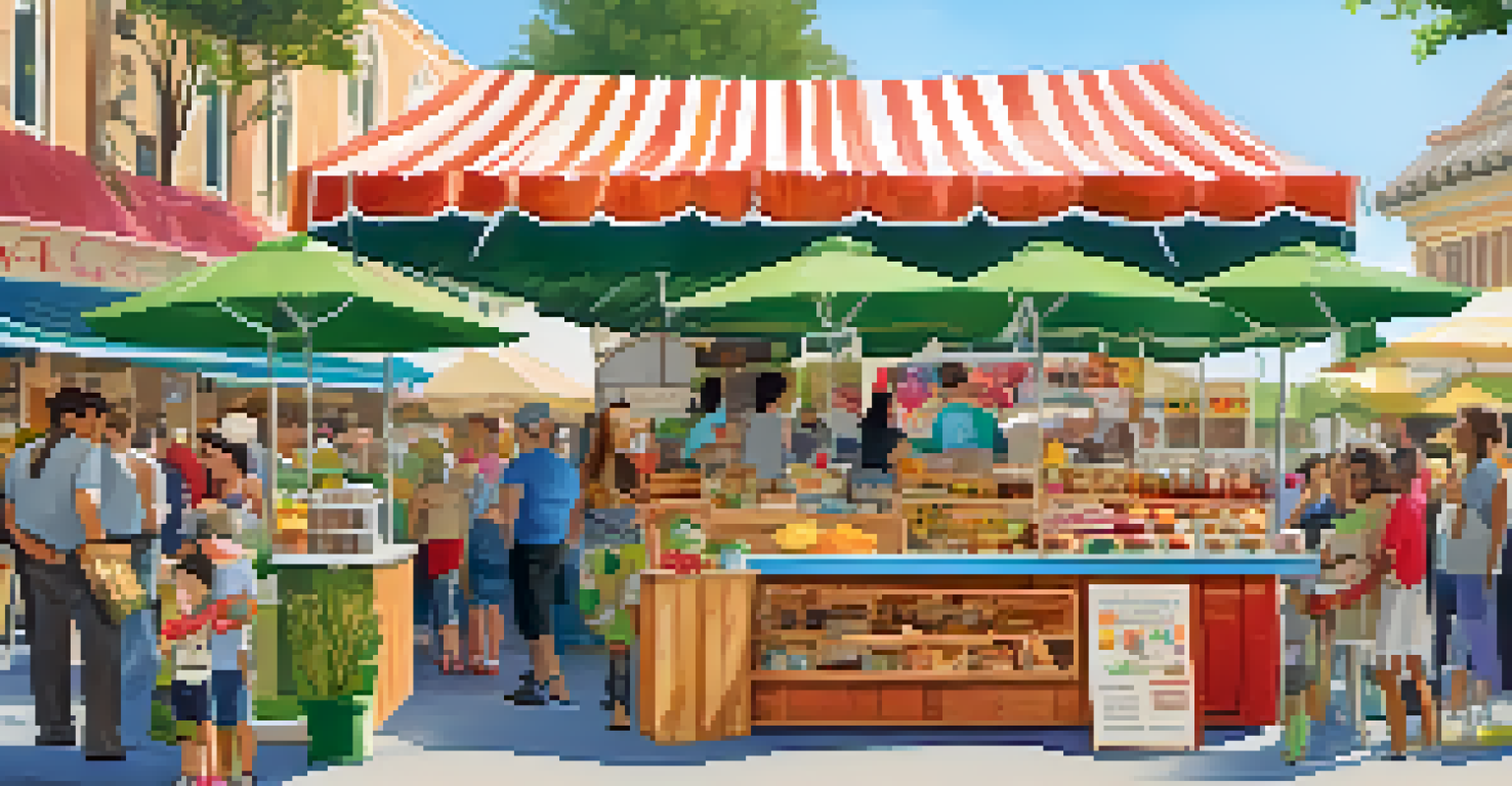 A vibrant food stall at a craft fair with families enjoying local delicacies and snacks, creating a festive atmosphere.