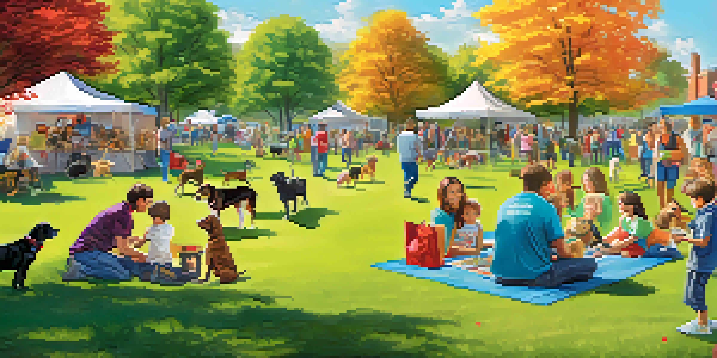 A sunny park filled with families interacting with dogs and cats during an animal rescue event, featuring colorful banners and local vendors.