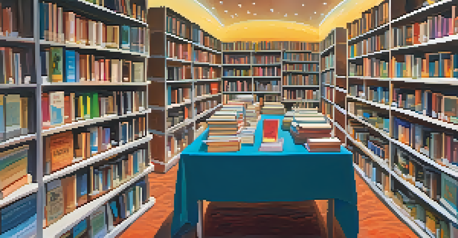 A table filled with a variety of books from different genres at a vibrant book festival, with attendees browsing in the background.