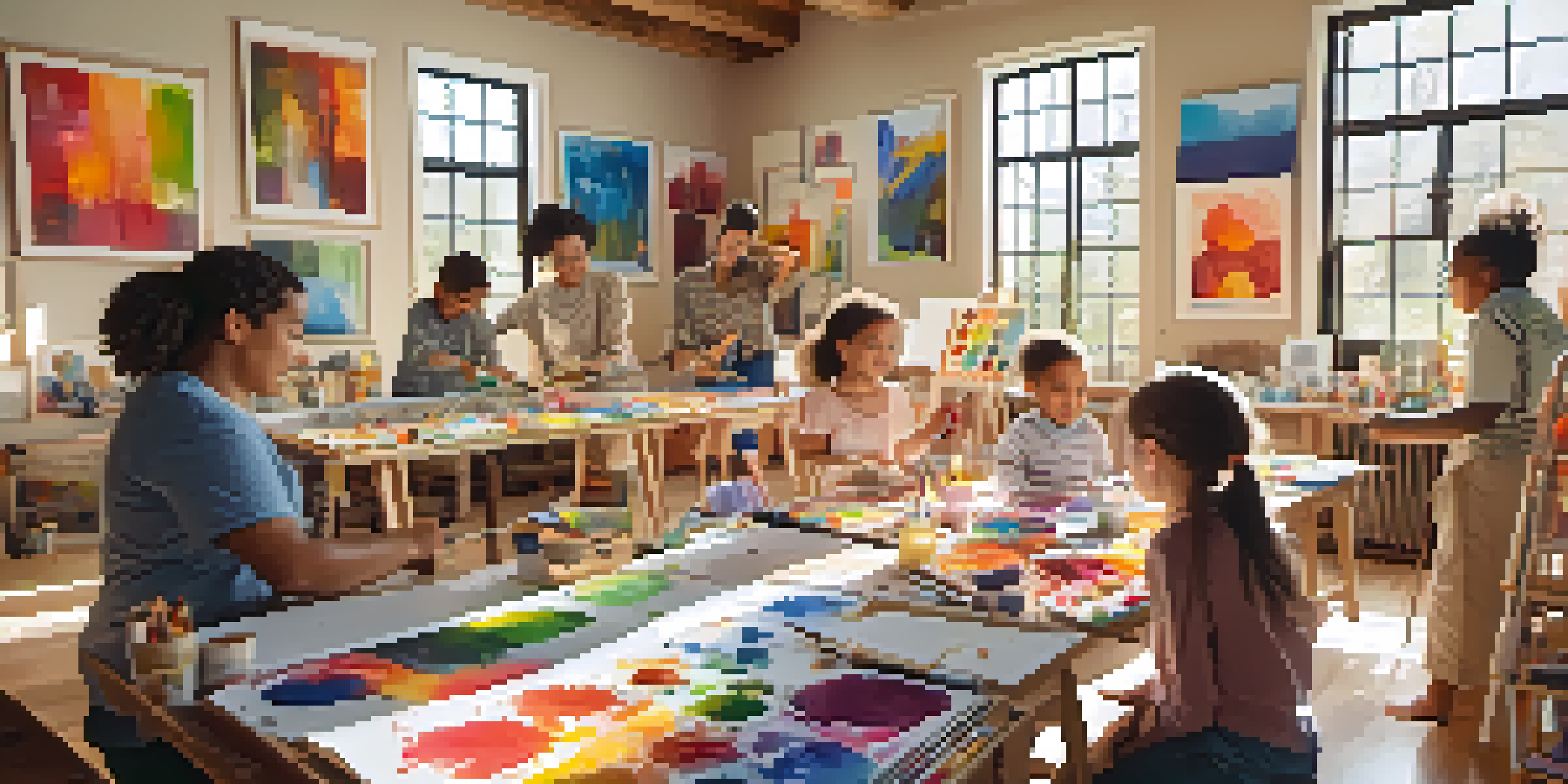 A family art workshop with parents and children painting together, surrounded by colorful art supplies and sunlight.