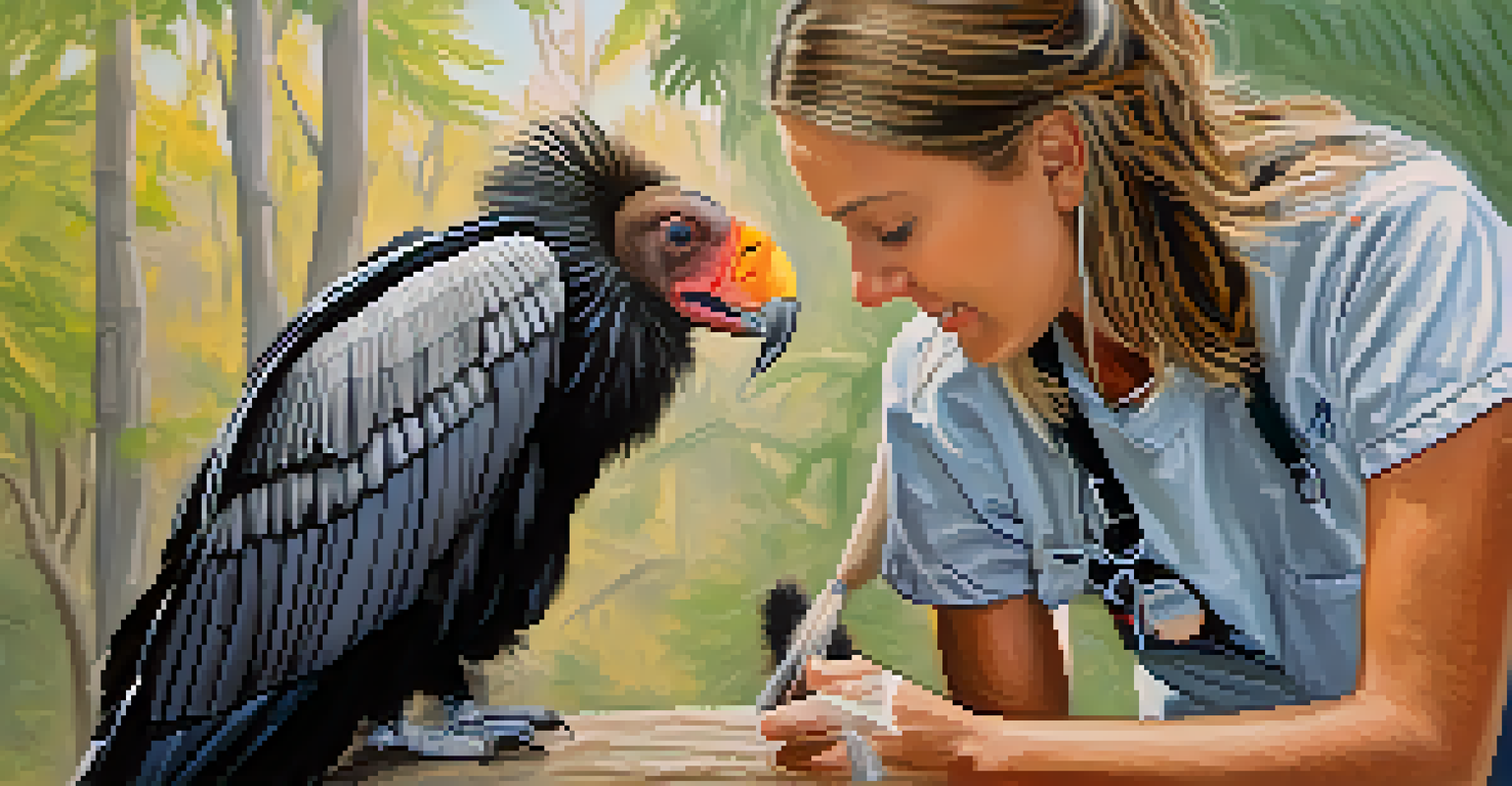 A close-up of a California condor being cared for by a volunteer in a wildlife rehabilitation center.