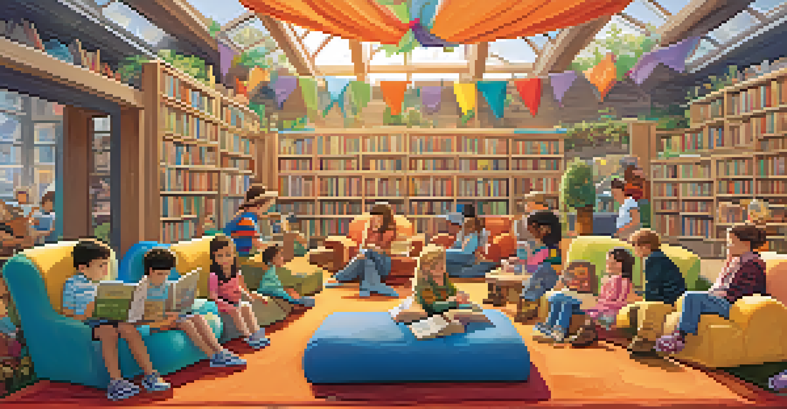 A cheerful children's literature corner at a book festival, with children gathered around a famous author reading a story, colorful seating, and whimsical decorations.