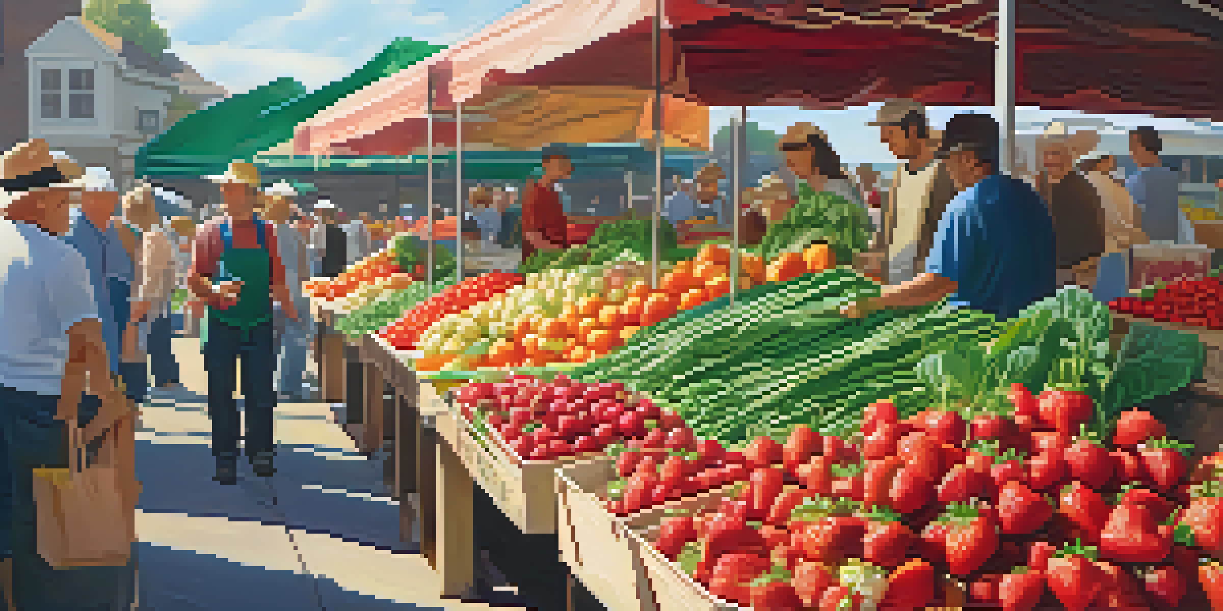 A busy farmers' market stall filled with fresh fruits and vegetables, including strawberries and spinach, under warm sunlight.