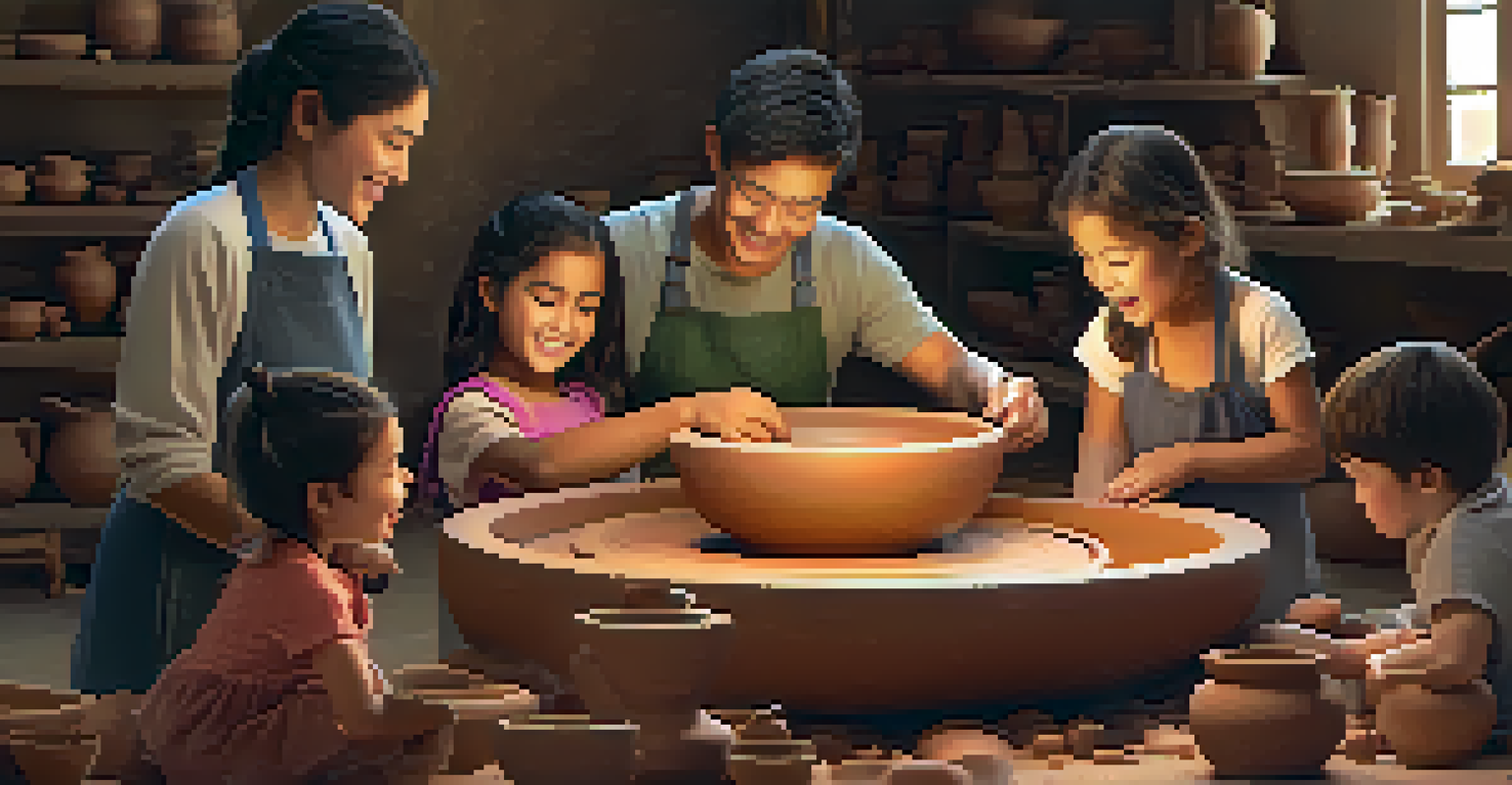 A family enjoying a pottery workshop, with kids shaping clay and various pottery creations in the background.