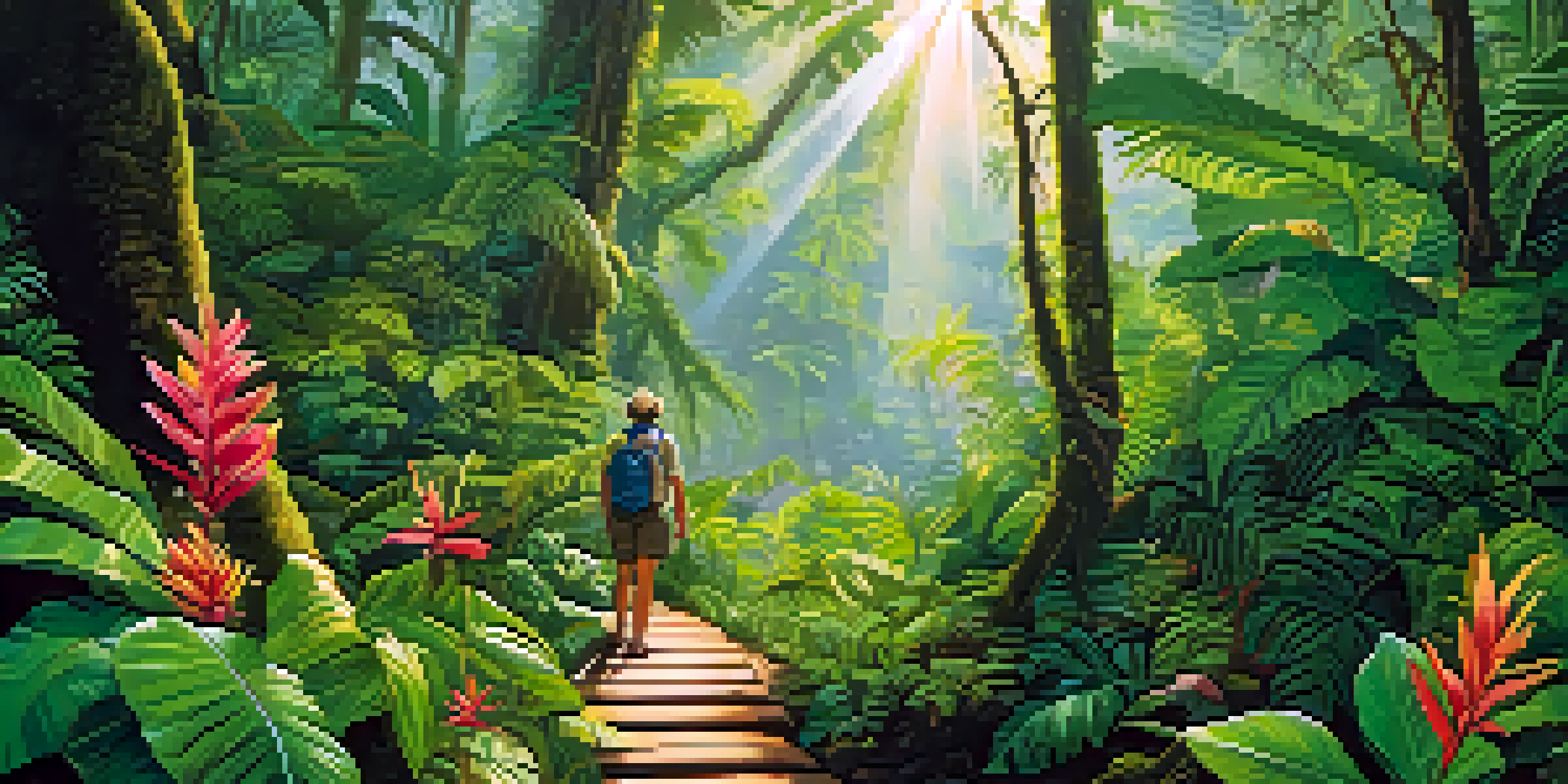A group of travelers hiking in a lush rainforest with a local guide pointing out plants under sunlight filtering through the trees.