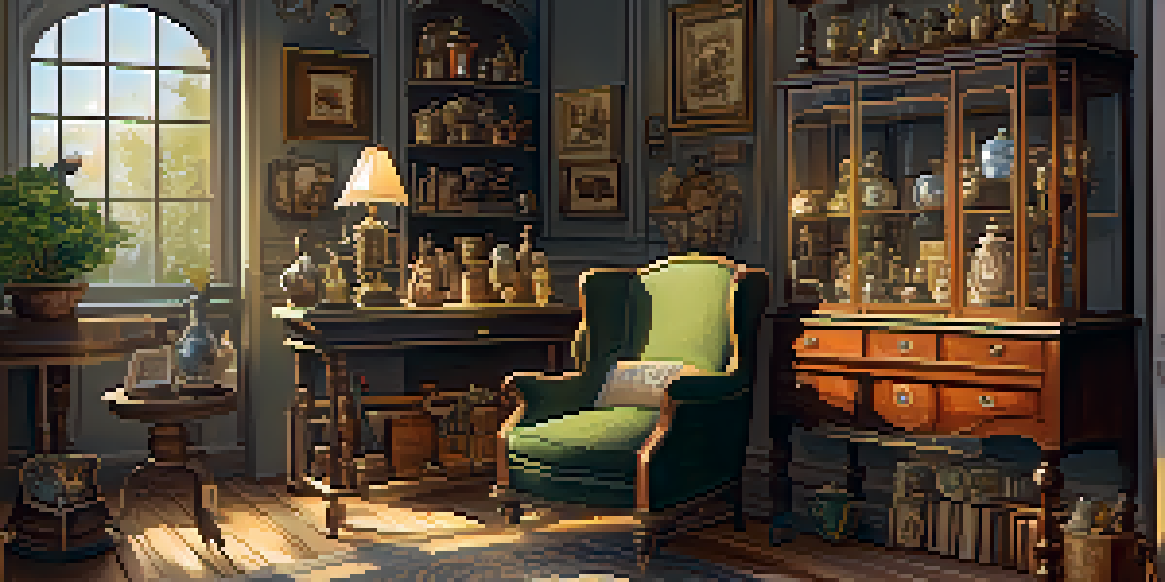 An inviting antique shop filled with various vintage items, warmly lit with wooden shelves.