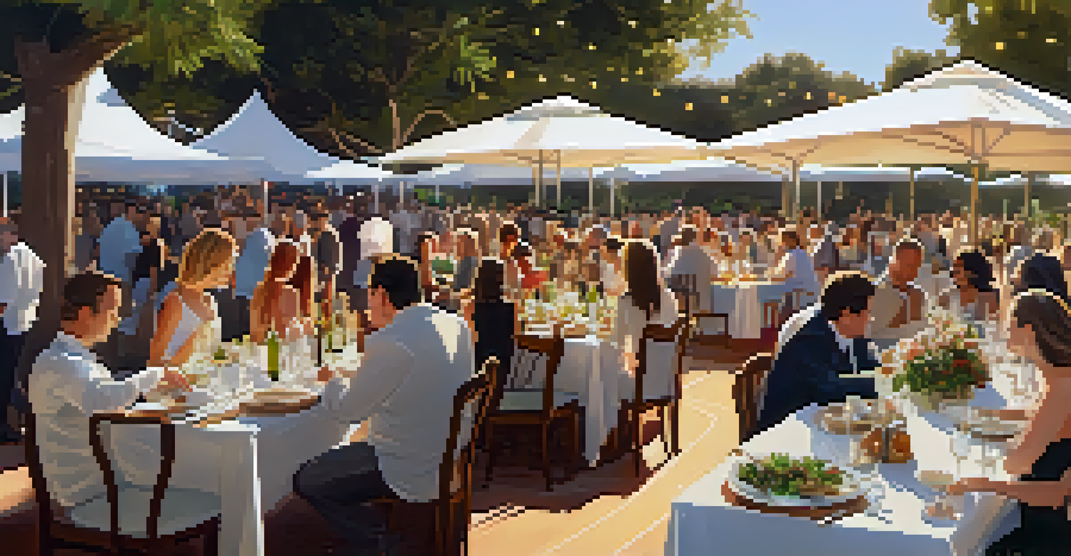 A beautifully arranged table at a food and wine festival, showcasing gourmet dishes and local wines under soft golden lighting, with guests enjoying the atmosphere.