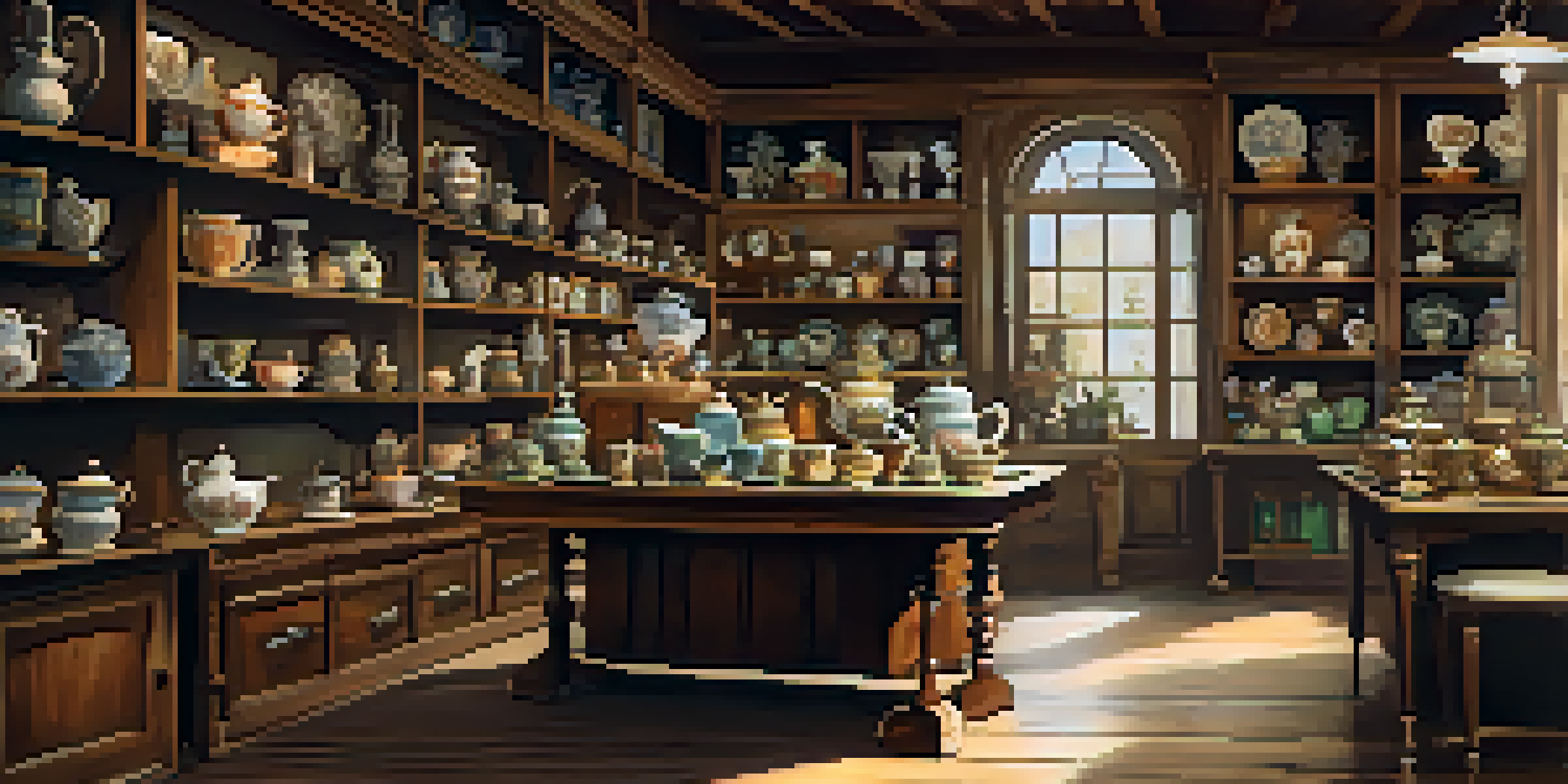 A cozy antique shop showcasing vintage furniture and collectibles with warm lighting.