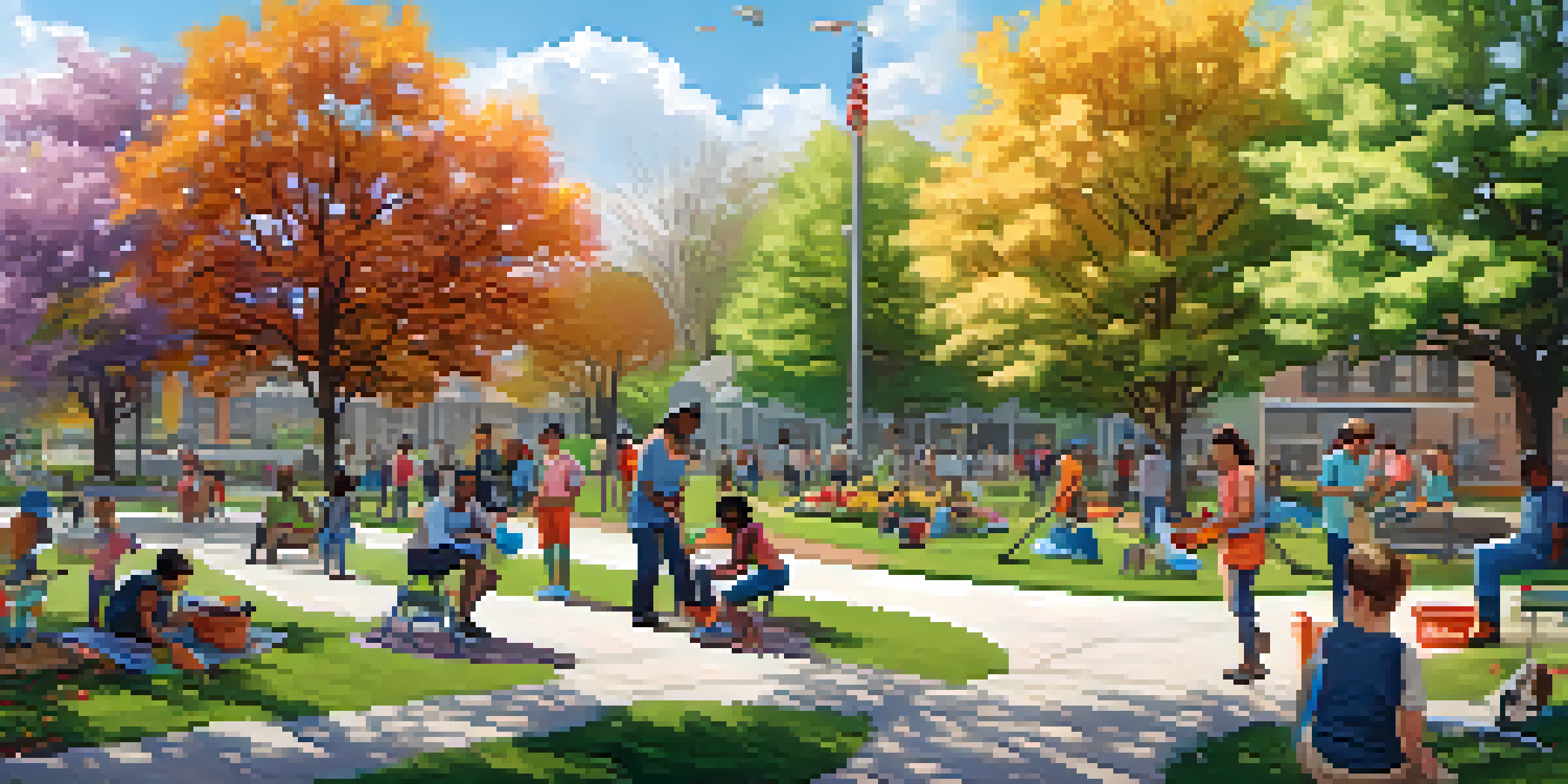 A community park scene with volunteers cleaning up, families having a picnic, and children playing, all under a clear sky.