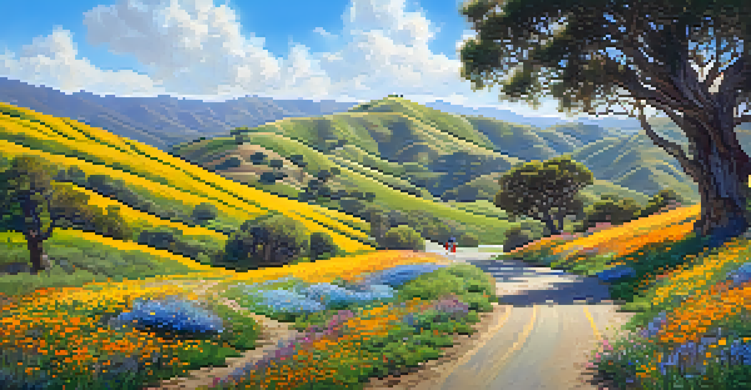 A colorful landscape of wildflowers on Figueroa Mountain Road with a family taking photos and children playing.