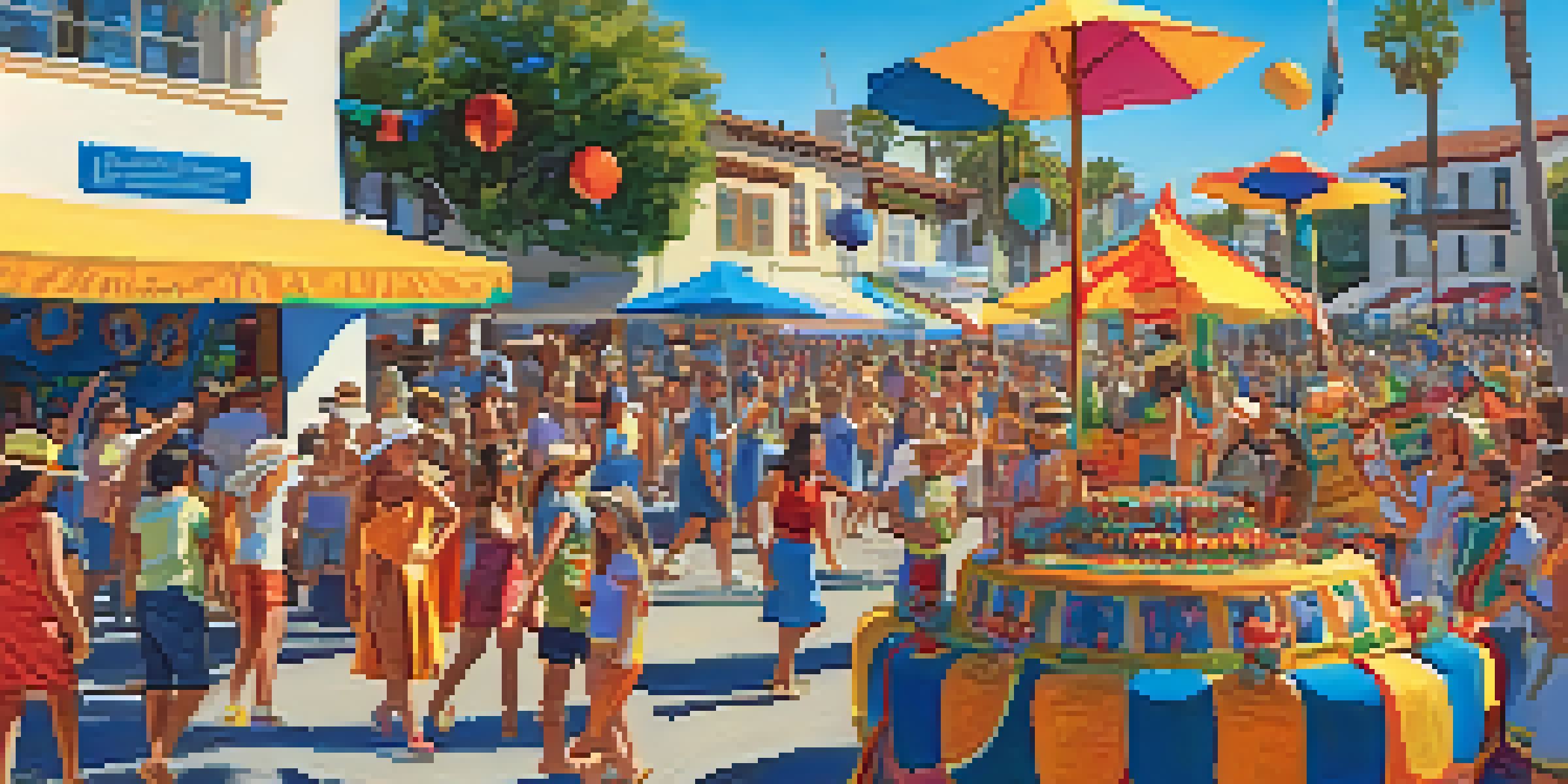 A lively parade at the Santa Barbara Summer Solstice Celebration featuring colorful floats and musicians, with people dancing under a clear blue sky.