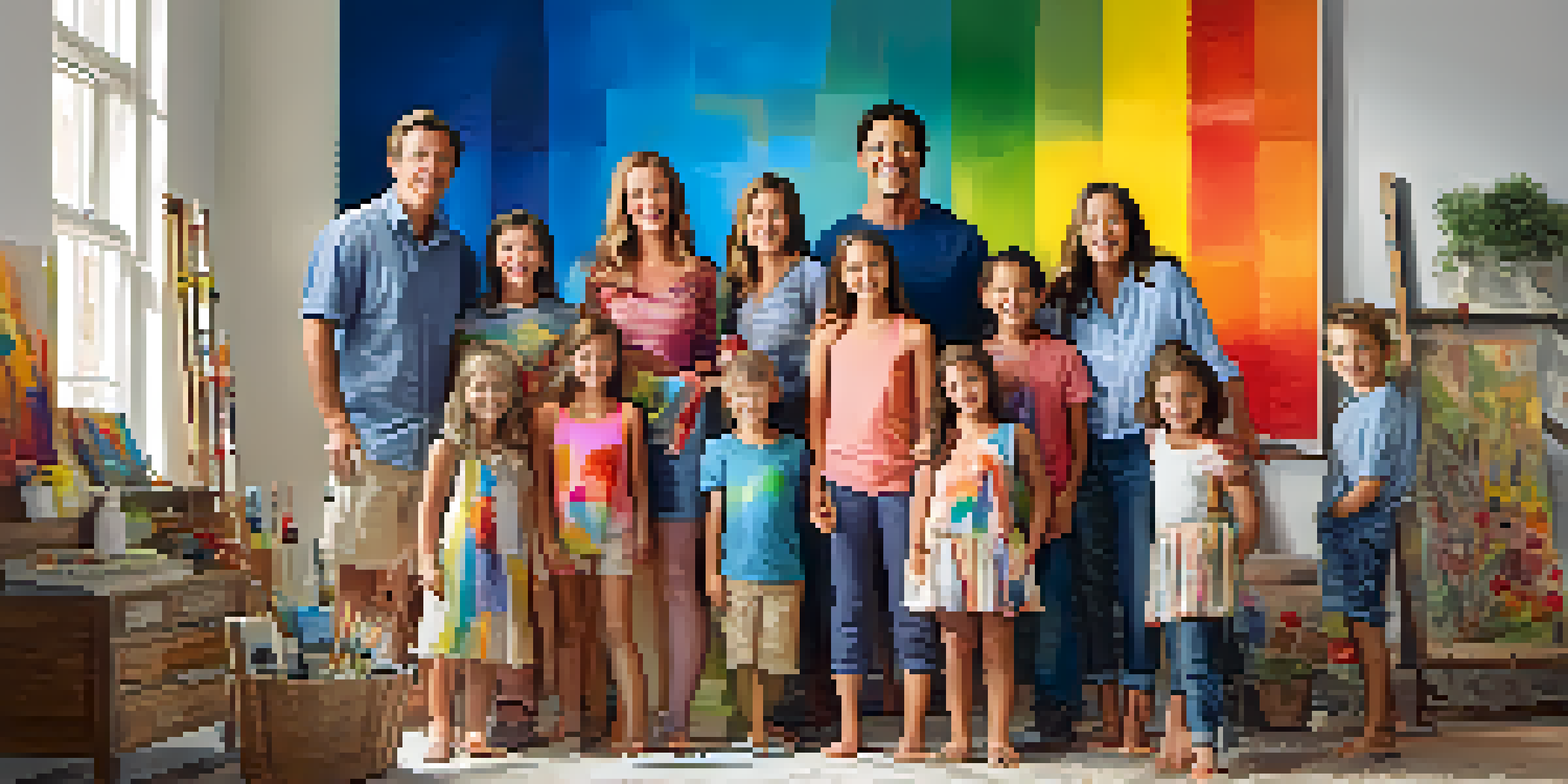 A happy family painting together on a canvas, with colorful paint splatters and smiles all around.