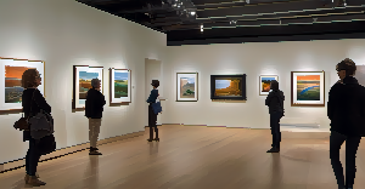 An intimate gallery filled with contemporary art pieces and visitors engaging with an artist under soft lighting.