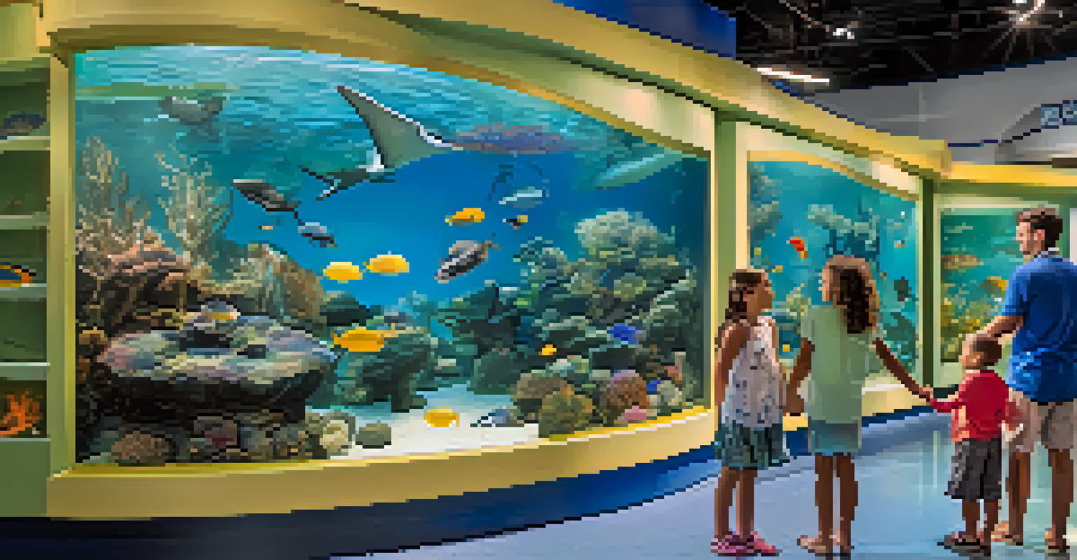 A family engaging with a touch tank at an aquarium, with children excitedly touching a stingray.