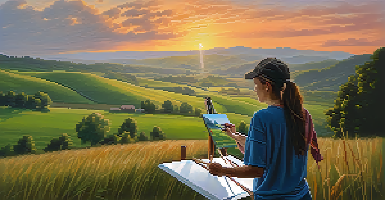 A local artist painting a tranquil rural landscape at sunset, with vibrant colors and rolling hills.