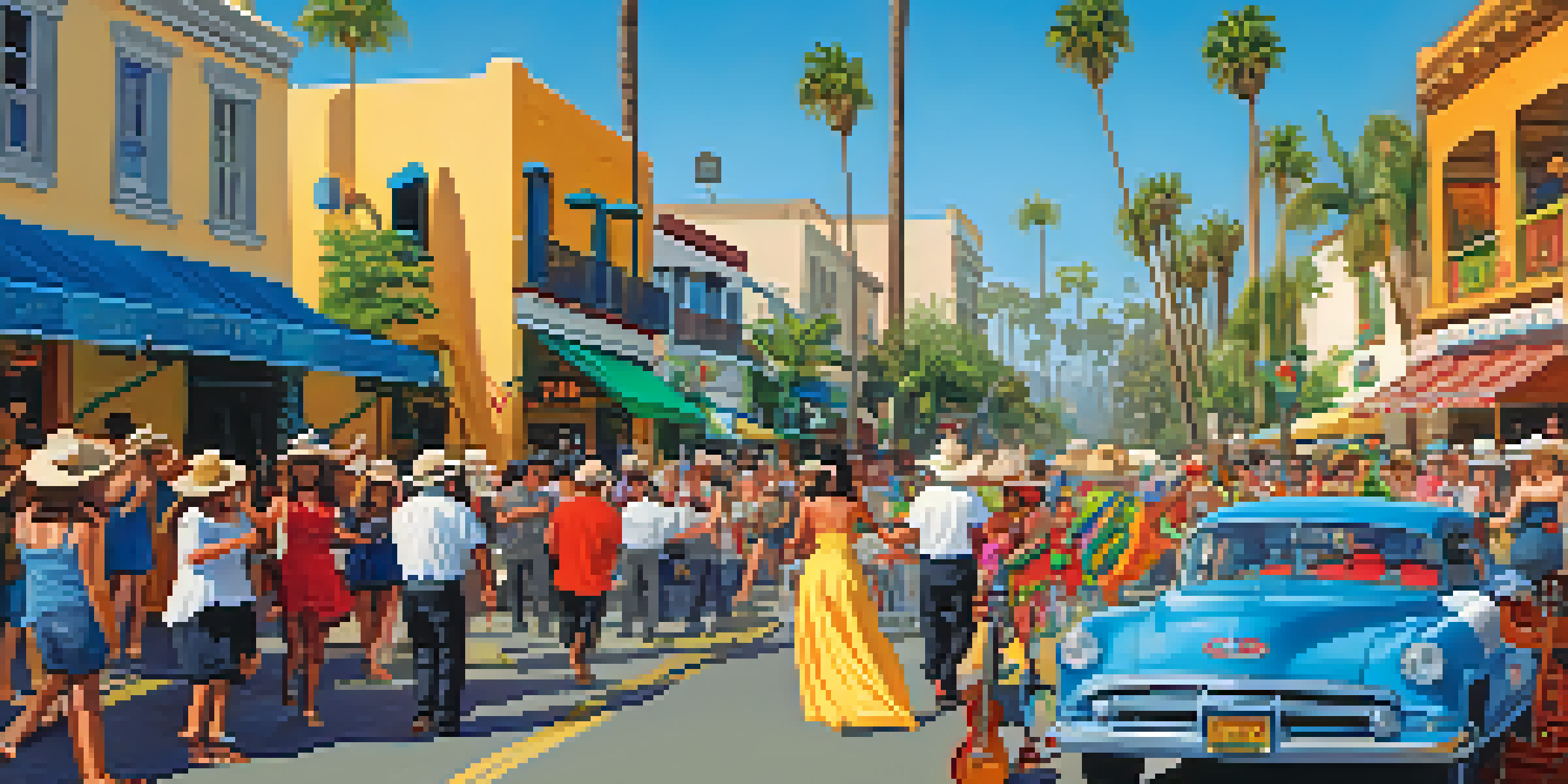 A lively celebration scene in Santa Barbara with colorful floats and local musicians playing mariachi music, surrounded by festival-goers dancing under palm trees.