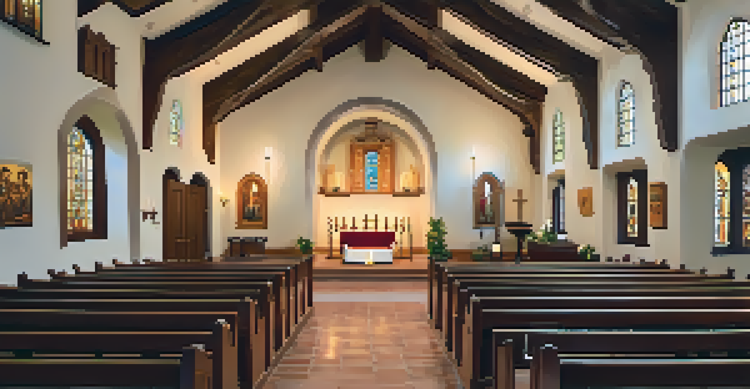 A serene interior view of the Santa Barbara Presidio chapel with wooden beams and candlelight.
