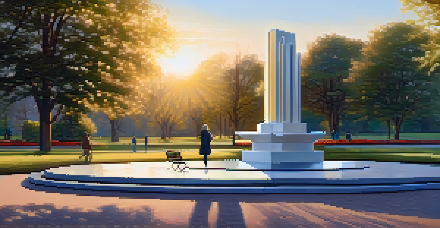 A polished metal sculpture symbolizes unity in a park, with benches and flower beds surrounding it during golden hour.