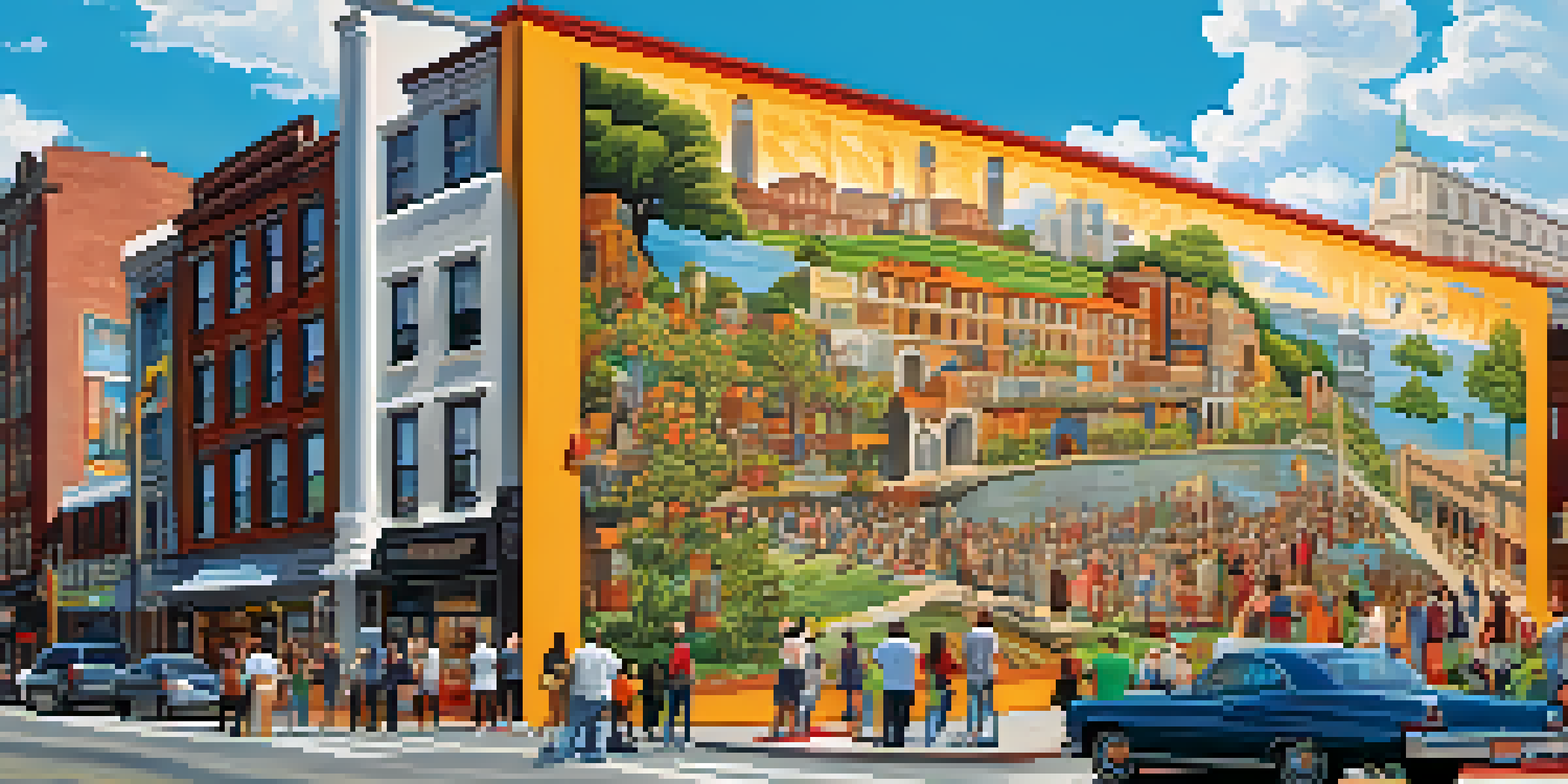 A colorful mural illustrating local history, with people admiring it in an urban setting, surrounded by trees and buildings.