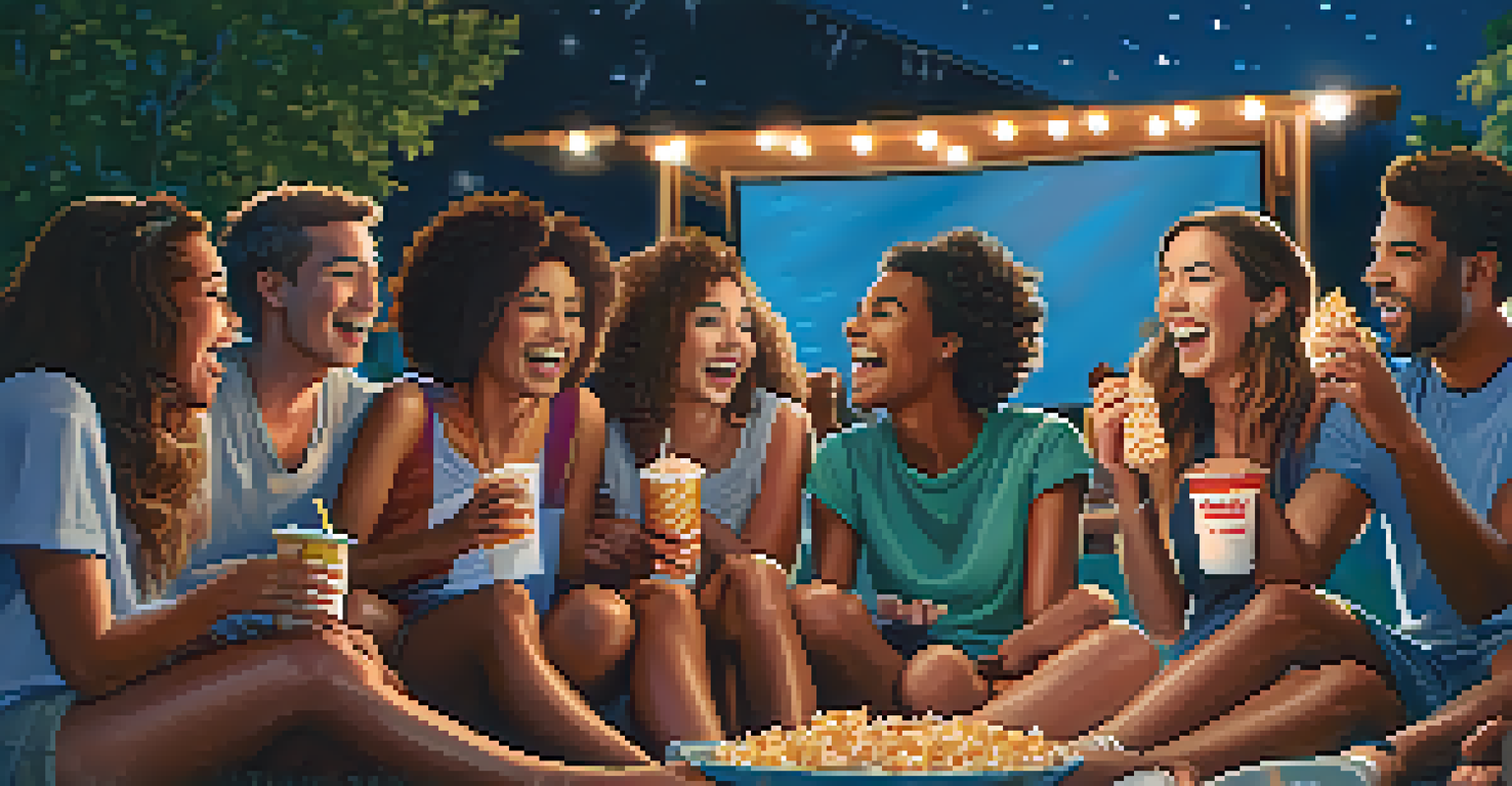A group of friends laughing and enjoying snacks during an outdoor movie night, illuminated by the glow of the movie screen under a starry sky.