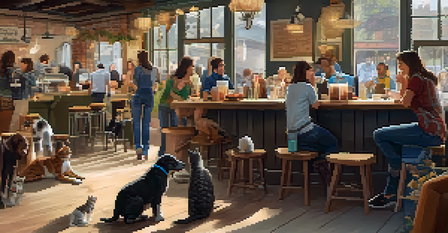A cozy coffee shop hosting a 'Pet Adoption Day' with visitors interacting with adoptable pets.