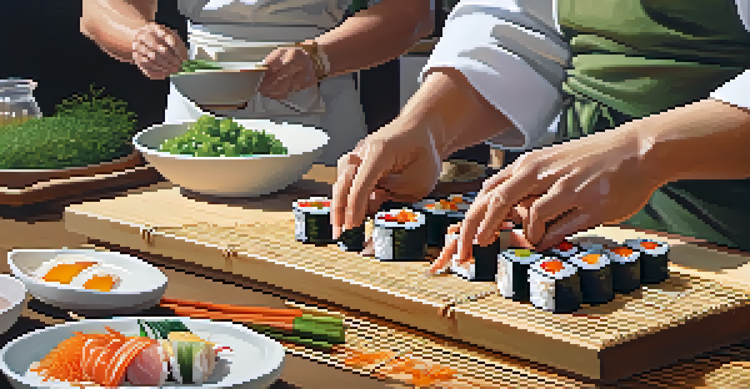 Close-up of hands rolling sushi at a culinary workshop, showing vibrant ingredients and a cheerful chef guiding participants in the background.