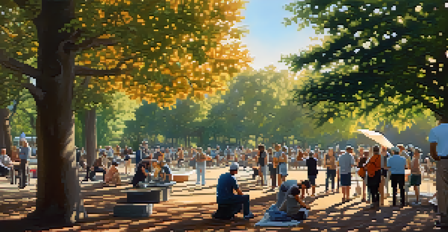 An artist creating a painting in a park, with people observing and trees in the background, illuminated by soft sunlight.