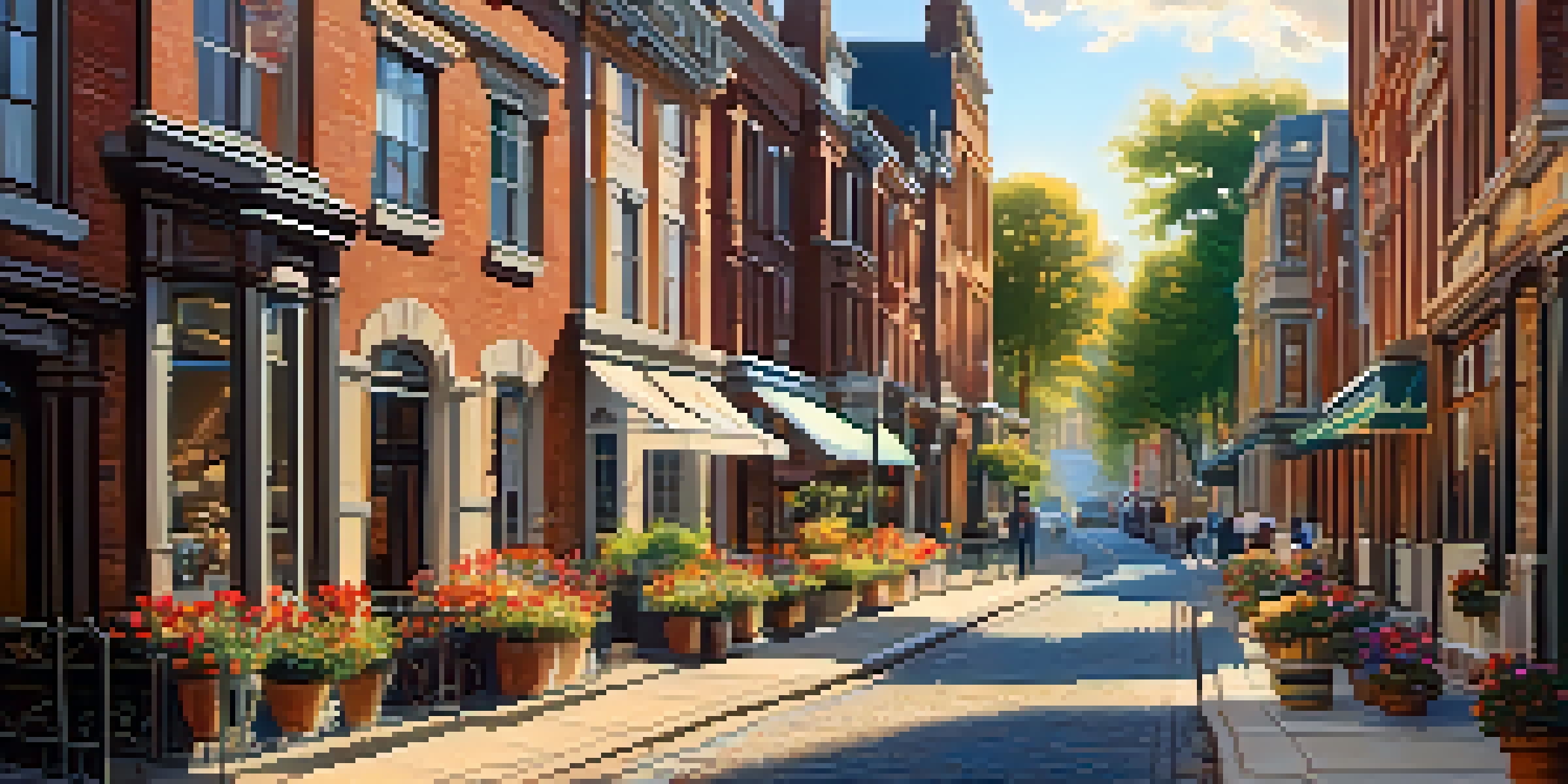 A historical district with Victorian-era buildings, colorful flowers, warm sunlight, and a cobblestone street.