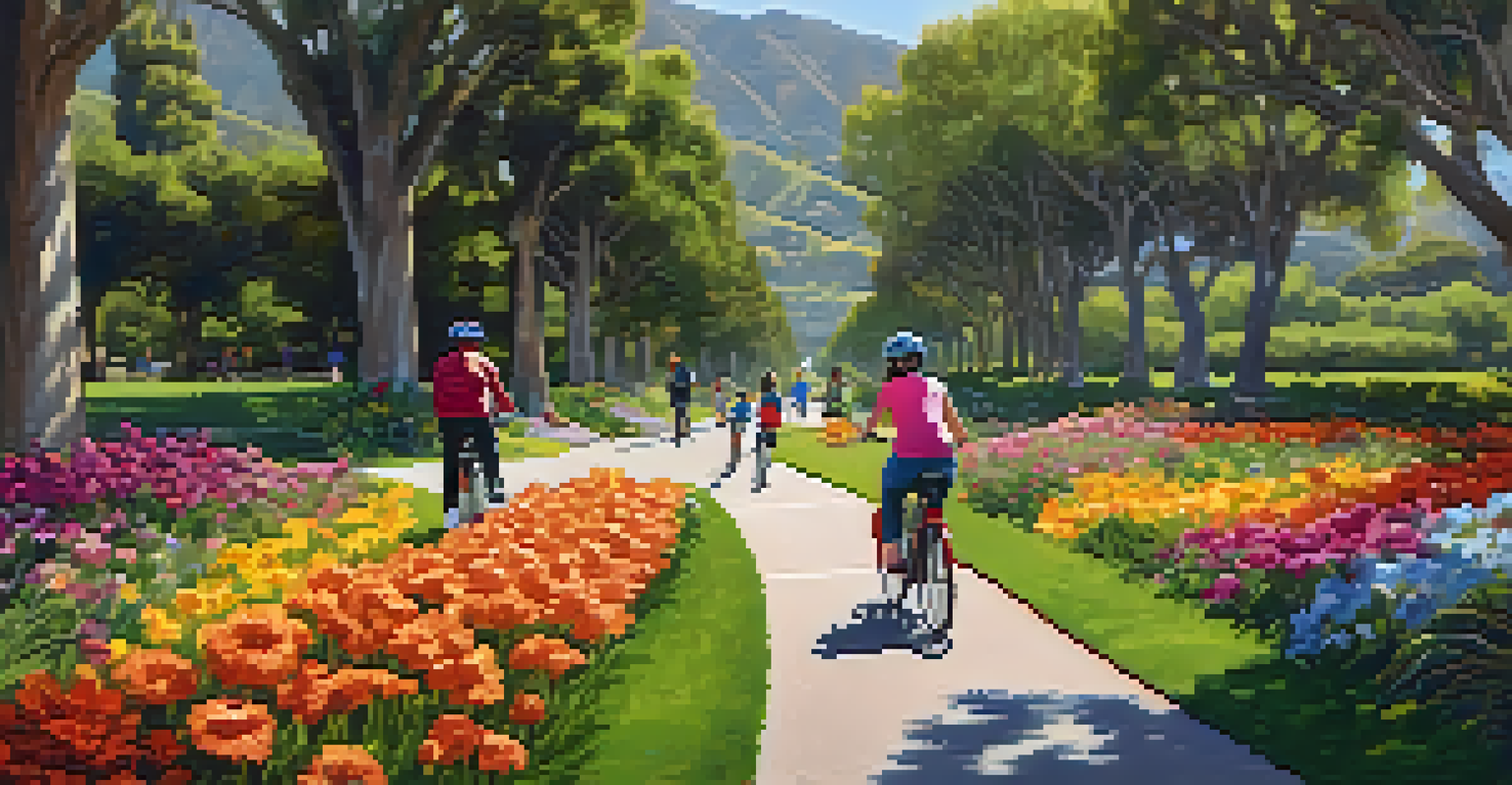 A family enjoying a leisurely bike ride on a sunny day with greenery and flowers around.