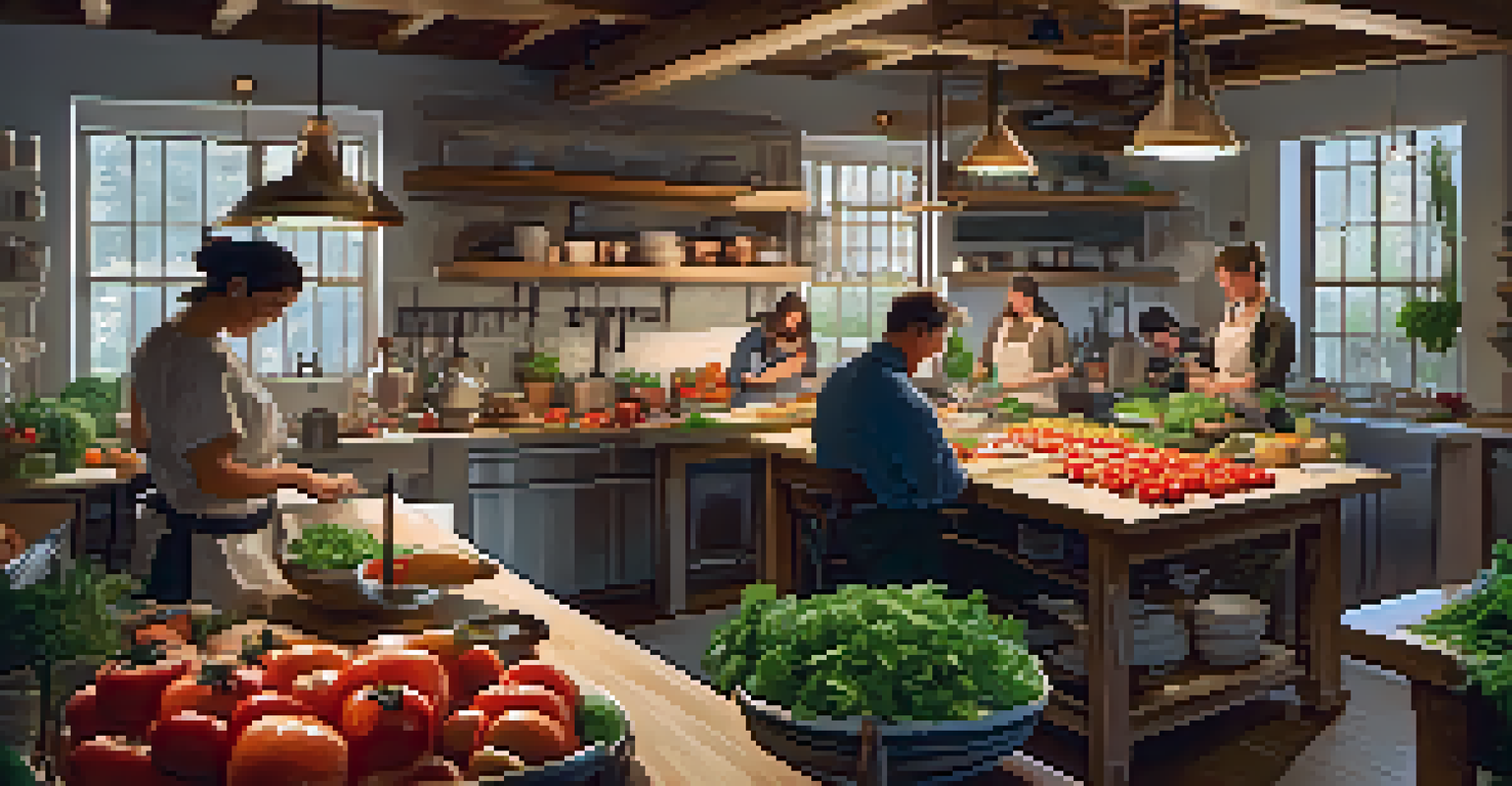 A kitchen workshop where people are preparing a meal with fresh ingredients, guided by a chef under warm lighting.